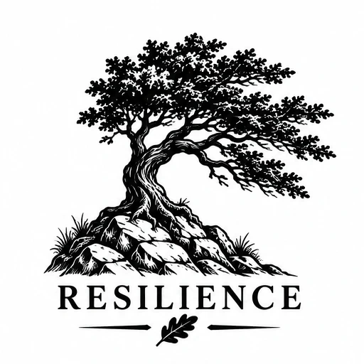 Black ink drawing of a twisted oak tree on rocks with 'RESILIENCE' text and an oak leaf below