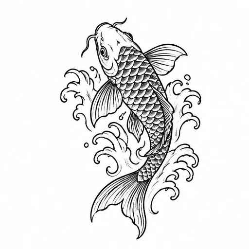 Black line drawing of a koi fish with detailed scales and fins amid flowing water splashes
