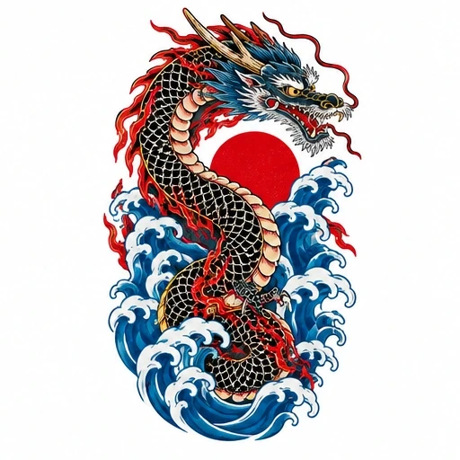 Japanese dragon tattoo with black and red scales, blue ocean waves, and red sun background