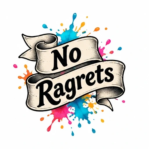 Vintage curled ribbon banner with text 'No Ragrets' and colorful paint splashes behind it