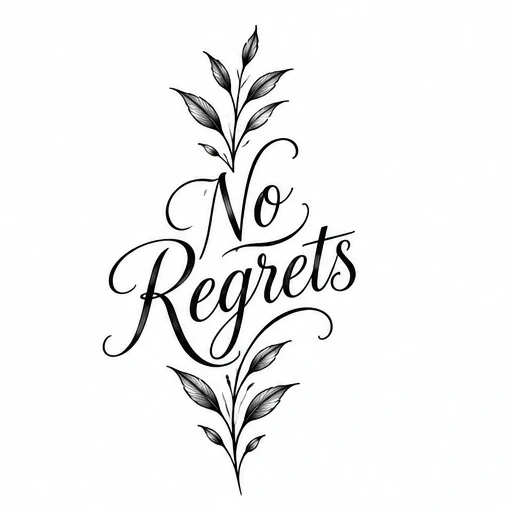 No Regrets tattoo script with black leaves above and below the text