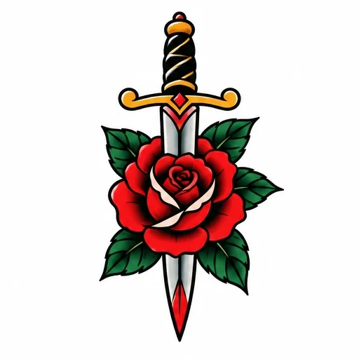 Traditional tattoo design of a dagger piercing a red rose with green leaves and a black and gold hilt.