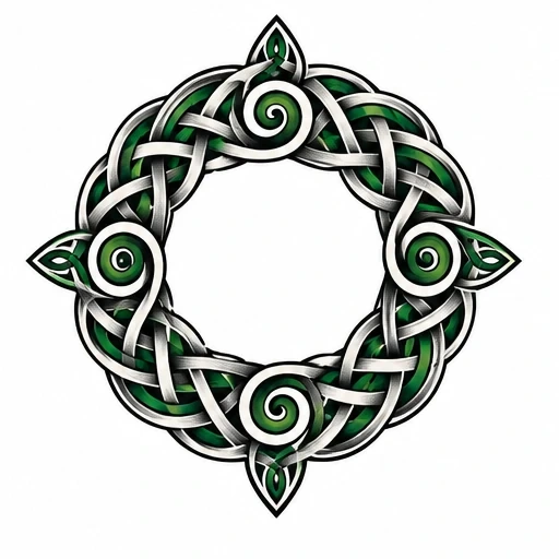 Circular Celtic knot with green and grey intertwining strands and spirals on white background