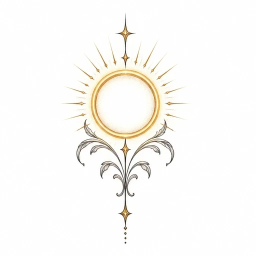 Golden halo with rays and stars above ornate black floral flourishes