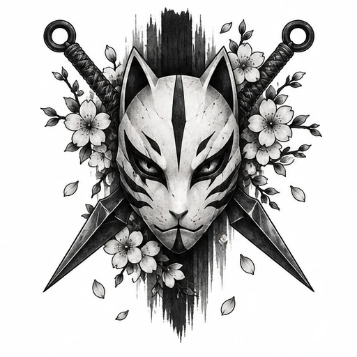 Anbu fox mask tattoo with crossed swords and cherry blossom flowers in black and gray ink
