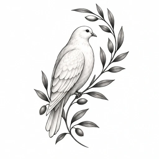 Fine line tattoo of a white dove sitting on an olive branch with leaves and olives