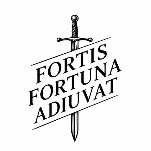 Black line drawing of a medieval sword with 'FORTIS FORTUNA ADIUVAT' motto diagonally overlaid