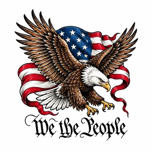 Bald eagle flying with American flag waving behind and 'We the People' in calligraphy below