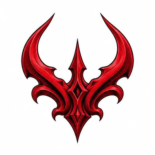 Red symmetrical trident-shaped tattoo with ornate curves on a white background