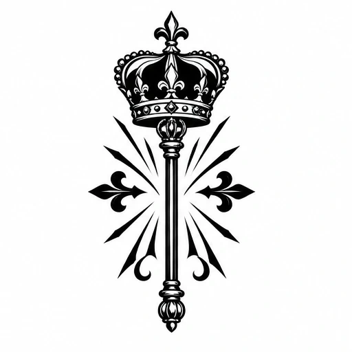 Black ink tattoo design of a crowned scepter with symmetrical decorative flourishes