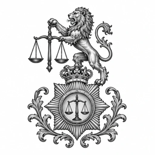 Heraldic lion holding scales of justice above a starburst badge with crown and decorative scrolls tattoo design