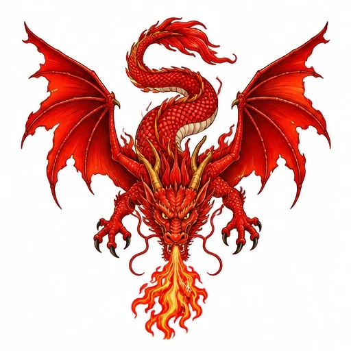 Red dragon with spread wings breathing fire, detailed scales, golden horns, and sharp claws in a fierce pose
