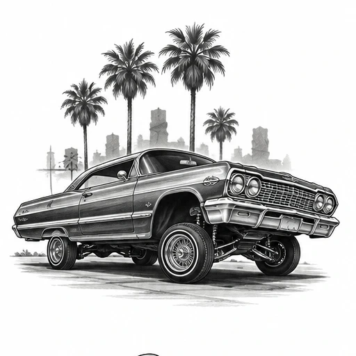 Black and white tattoo design of a classic lowrider Chevy Impala lifted on front wheels with palm trees and city skyline in background.
