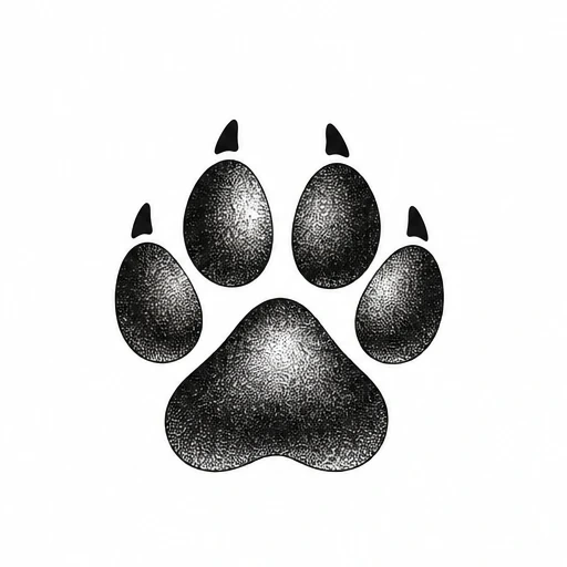 Black stipple shaded dog paw print with four toe pads and one large pad.