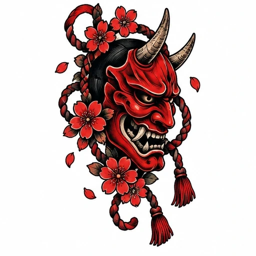 Tattoo design of a red Hannya mask with horns, surrounded by red cherry blossoms and braided ropes with tassels on white background