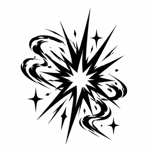 Black tattoo design of a sharp starburst with swirling accents and small spark shapes on white background