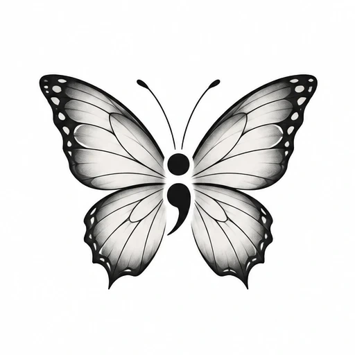 Black and gray butterfly tattoo design with a semicolon forming the butterfly's body