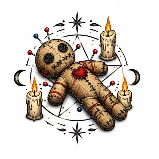 Voodoo doll with button eyes, pierced by pins, surrounded by candles and a pentagram with mystical symbols.