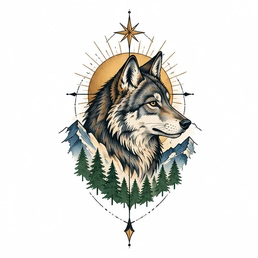 Wolf head with sun halo, mountains, evergreen trees, and compass design