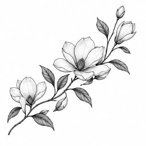 Black and gray magnolia branch tattoo design with three flowers, two buds, and detailed leaves