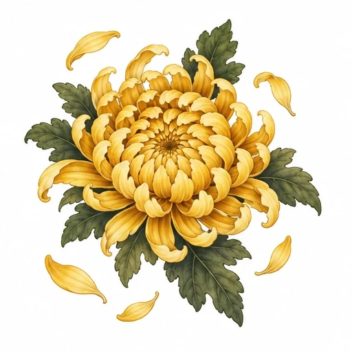 Yellow chrysanthemum flower with green leaves and scattered petals on white background