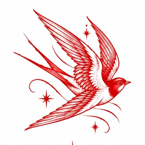 Red swallow tattoo design with stars and elegant wing details