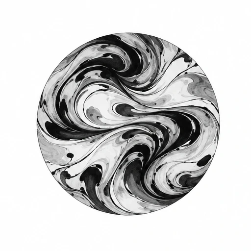 Circular black and gray swirling suminagashi ink marbling design