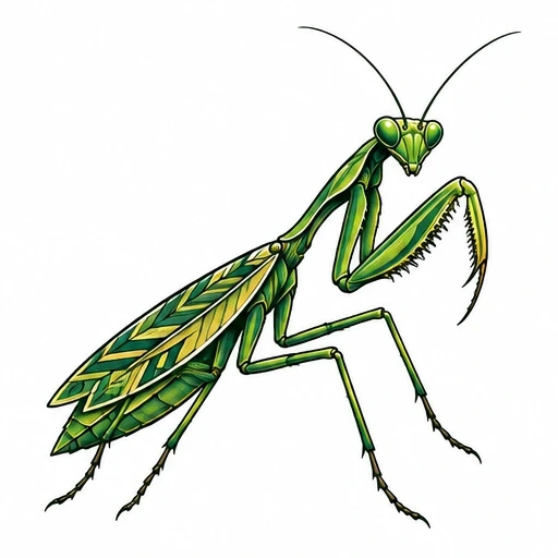 Detailed green praying mantis illustration with yellow and dark accents in a poised stance