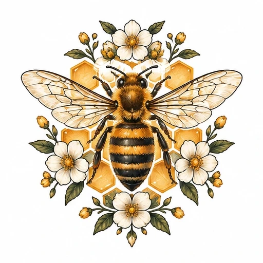 Honey bee with detailed wings centered on hexagonal honeycomb and surrounded by white flowers and green leaves