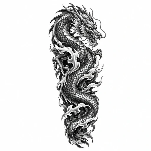 Black and grey detailed coiled dragon tattoo design with flames and fine shading