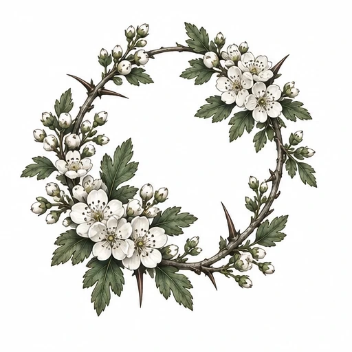 Circular wreath of hawthorn branch with white flowers, green leaves, and sharp brown thorns on white background