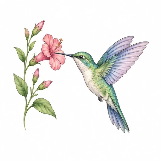 Illustration of a green-blue hummingbird drinking from a pink hibiscus flower with green leaves and buds