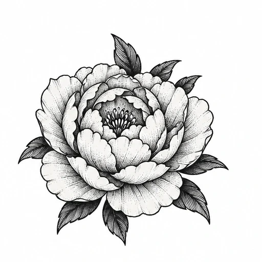 Black and white peony flower tattoo design with detailed petals and textured leaves, fine line shading.