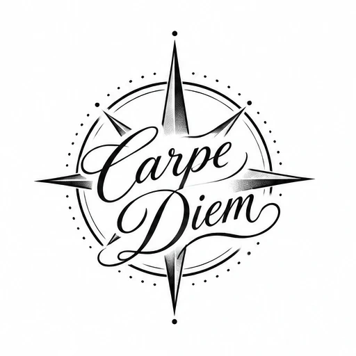 Carpe Diem lettering over stylized compass star with dotted circle