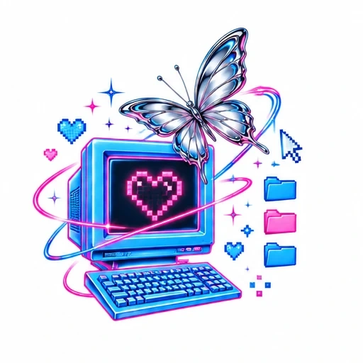 Retro computer with pixelated heart on screen, butterfly perched on monitor, surrounded by pixel hearts, folders, and cursor in neon pink and blue hues.