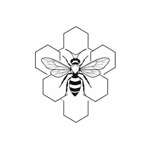 Minimalist bee tattoo design with black-striped bee and six hexagonal honeycomb shapes behind it