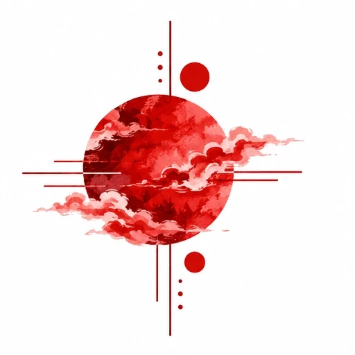 Red textured circle with flowing red clouds and vertical and horizontal red lines and smaller red circles on white background