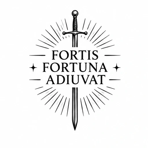 Black sword with rays and text Fortis Fortuna Adiuvat tattoo design