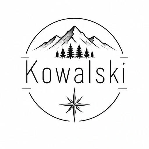 Black line tattoo design of the name Kowalski with mountain, pine trees, compass, and circle