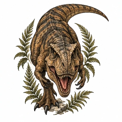 Realistic tattoo design of a front-facing roaring T-Rex surrounded by fern leaves.