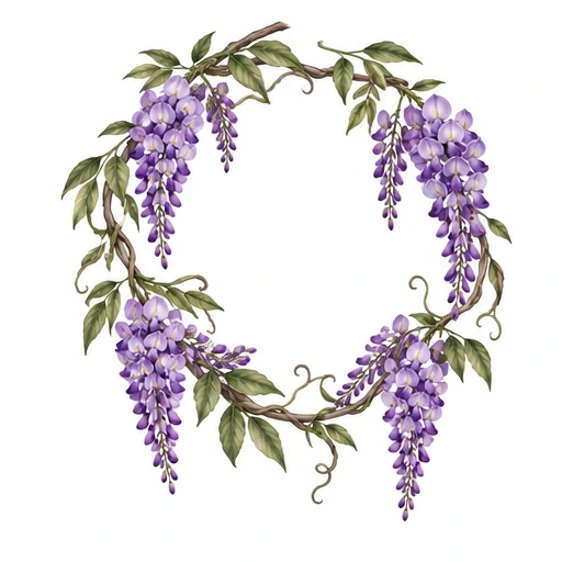 Circular wisteria wreath tattoo design with purple flower clusters and green leaves on brown branches