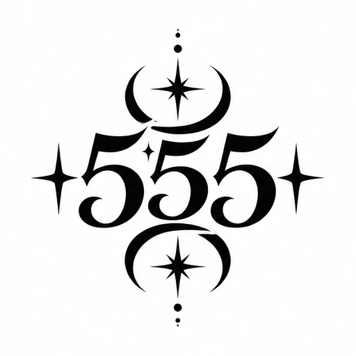 Black bold numbers 555 with crescent moons and star-like shapes around on white background