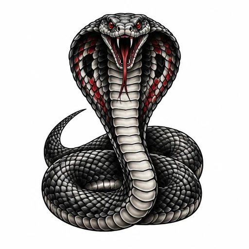 Black and red cobra with flared hood and tongue out illustration