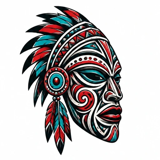 Colorful tribal mask with geometric patterns and red and teal feathered headdress in side profile