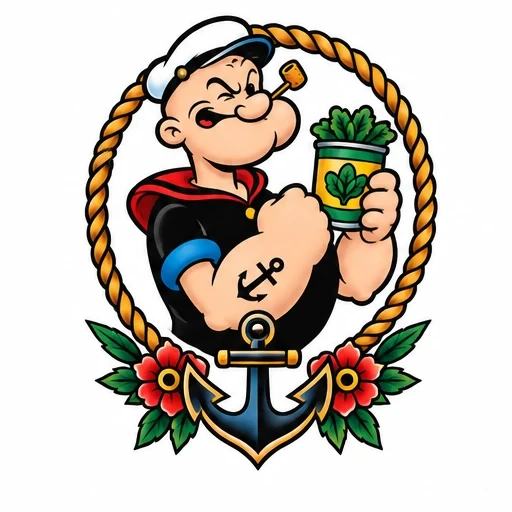 Popeye cartoon holding spinach can inside a rope frame with anchor and flowers