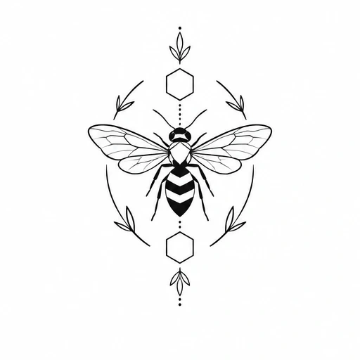 Minimalist black line drawing of a bee with detailed wings, hexagons, dotted lines, and leaf accents.
