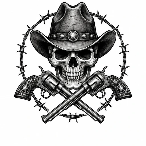 Skull with cowboy hat and star, crossed revolvers below, encircled by barbed wire, black and white tattoo design.