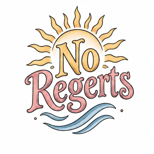 Tattoo design with 'No Regerts' text, sun rays above, and blue waves below