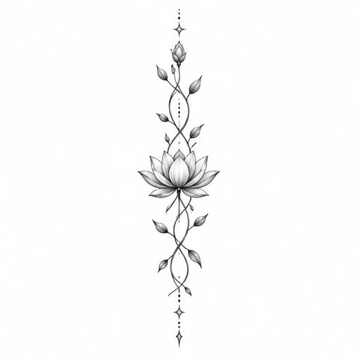Black and gray fine line lotus flower tattoo with stems, leaves, buds, and decorative dots arranged vertically.