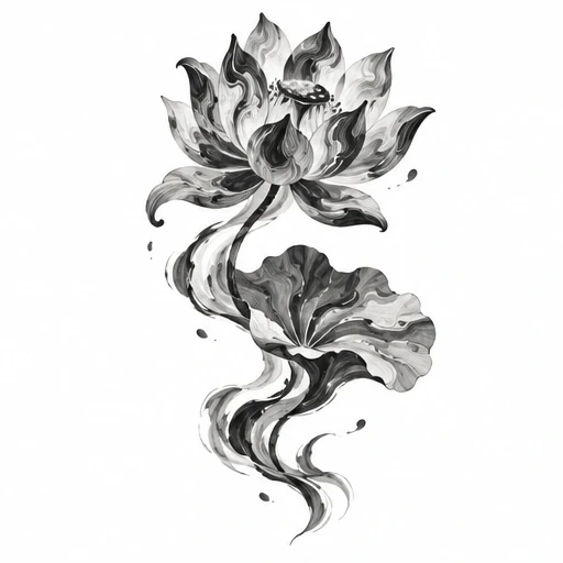 Black and gray suminagashi style lotus flower tattoo design with flowing, marbled petals and leaves